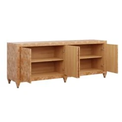 Recycled Patchwork Mallory Credenza -Furniture & Decoration Shop RecycledPatchworkMalloryCredenza.GoldenPecanMappaBurlPatchworkwithDoorsOpen.01